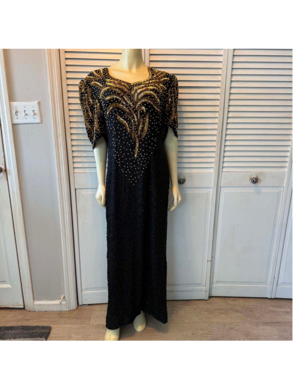 MARK & JOHN BY SAM VTG 100% Pure Silk Black Gold Beaded Formal Dress XL